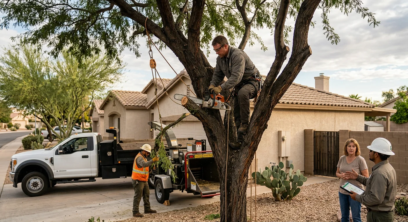 Crew clearing dense desert brush from a residential Tolleson property lot