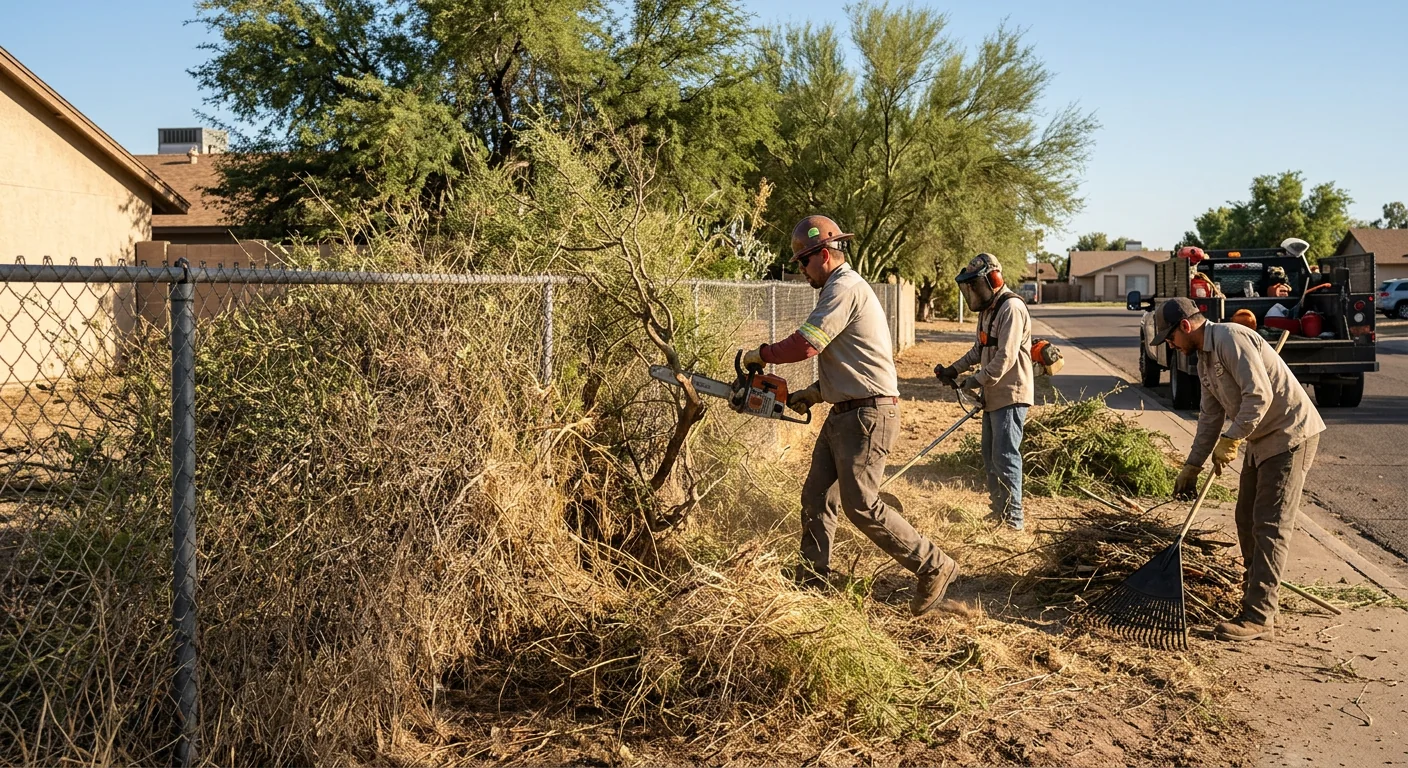 Overgrown dry brush and dead undergrowth crowding a fence line in Tolleson