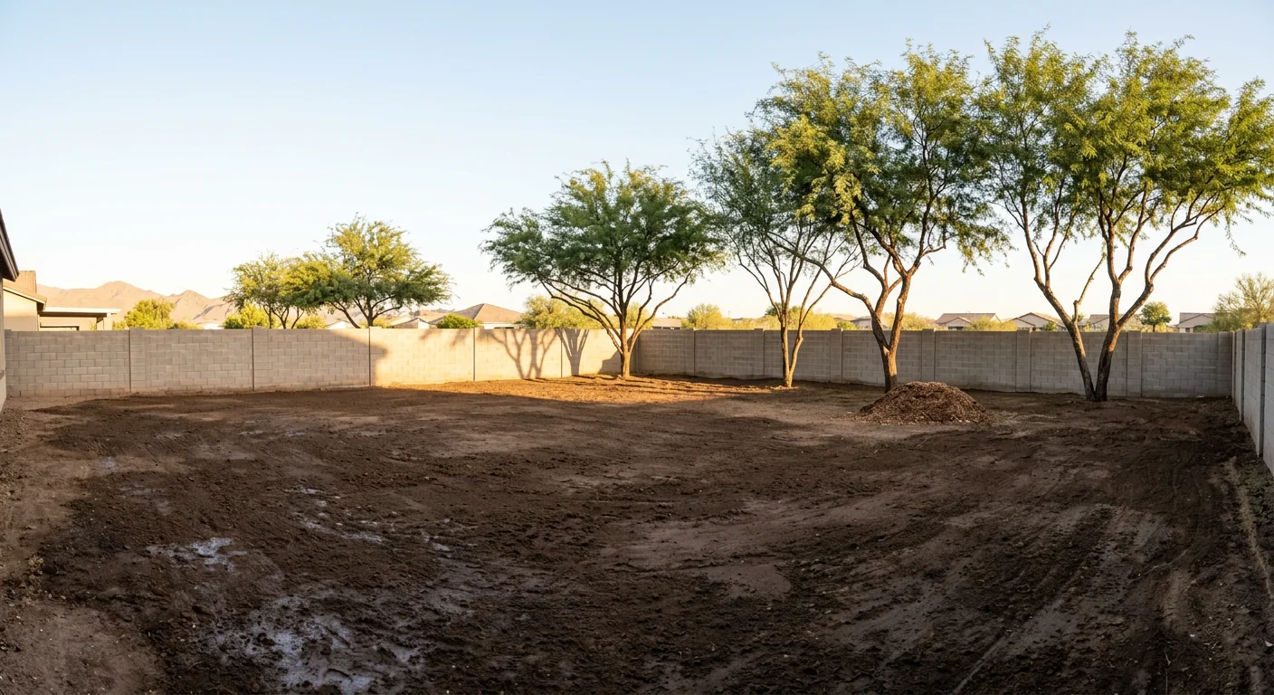 Cleared desert backyard after brush removal with tidy ground and intact fence line