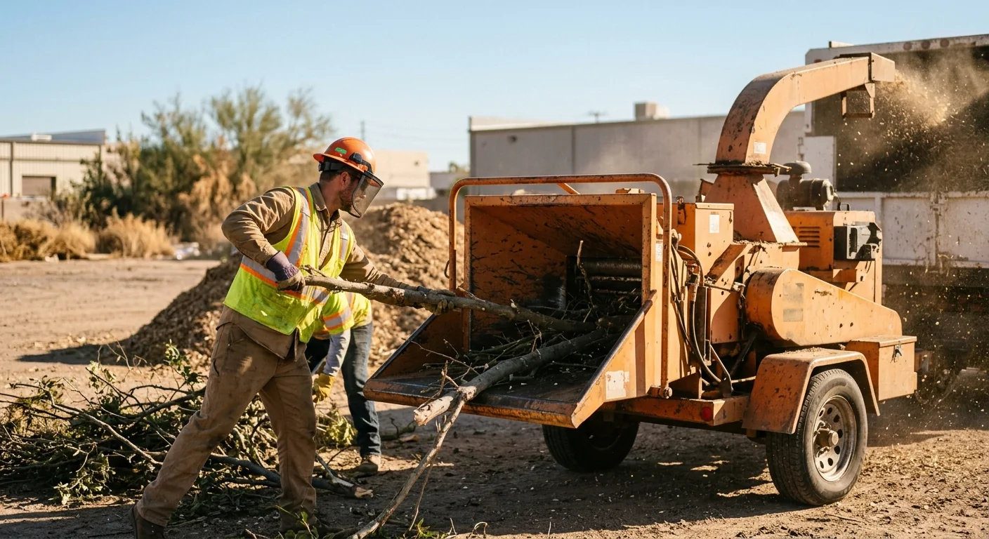 Wood chipper processing cut brush into mulch during a Tolleson clearing job