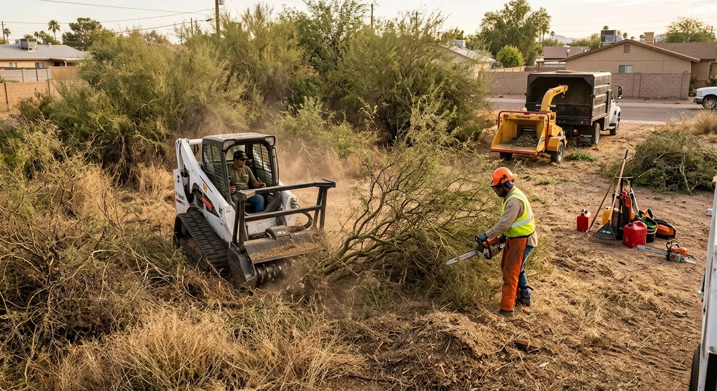 Overgrown vacant lot before clearing showing dense dry vegetation and thickets