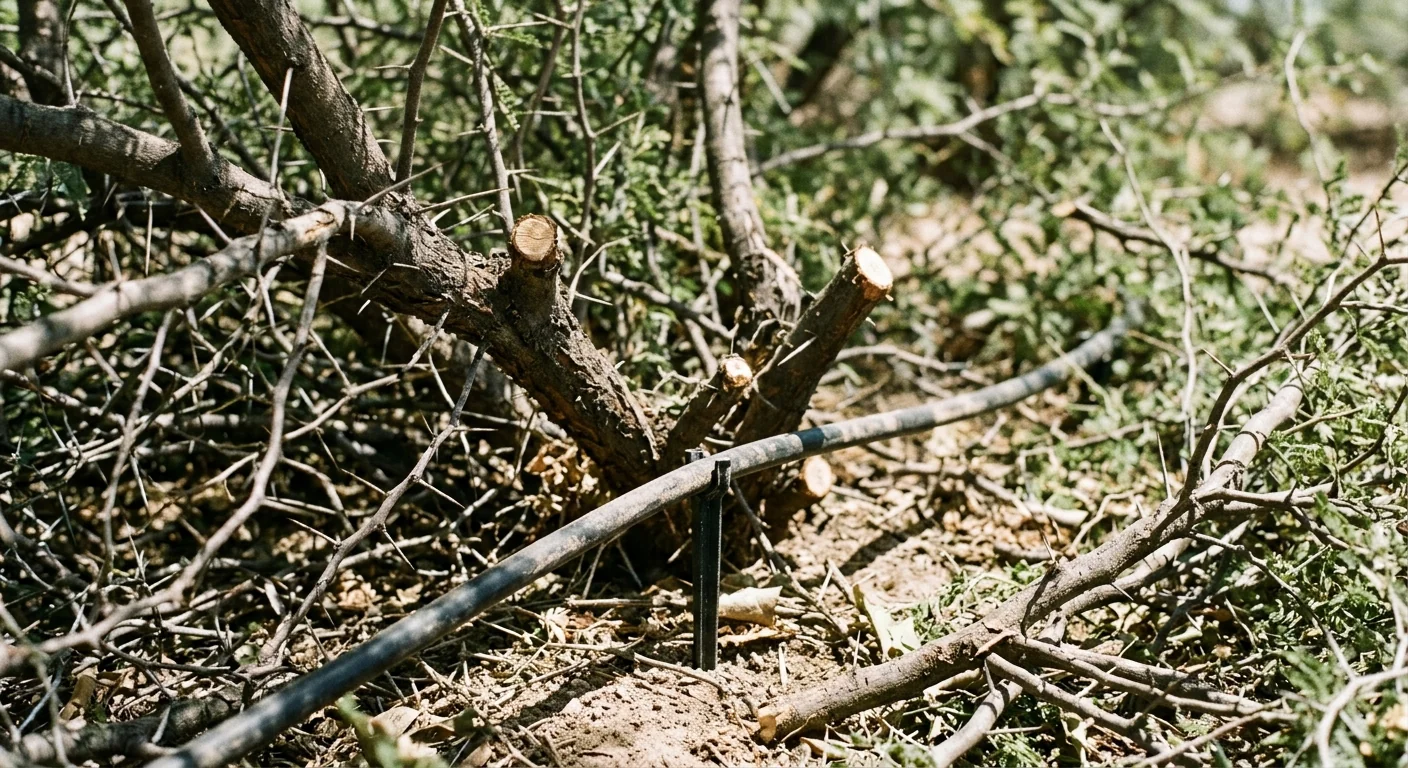 Close-up of thorny mesquite undergrowth being cut back near irrigation line