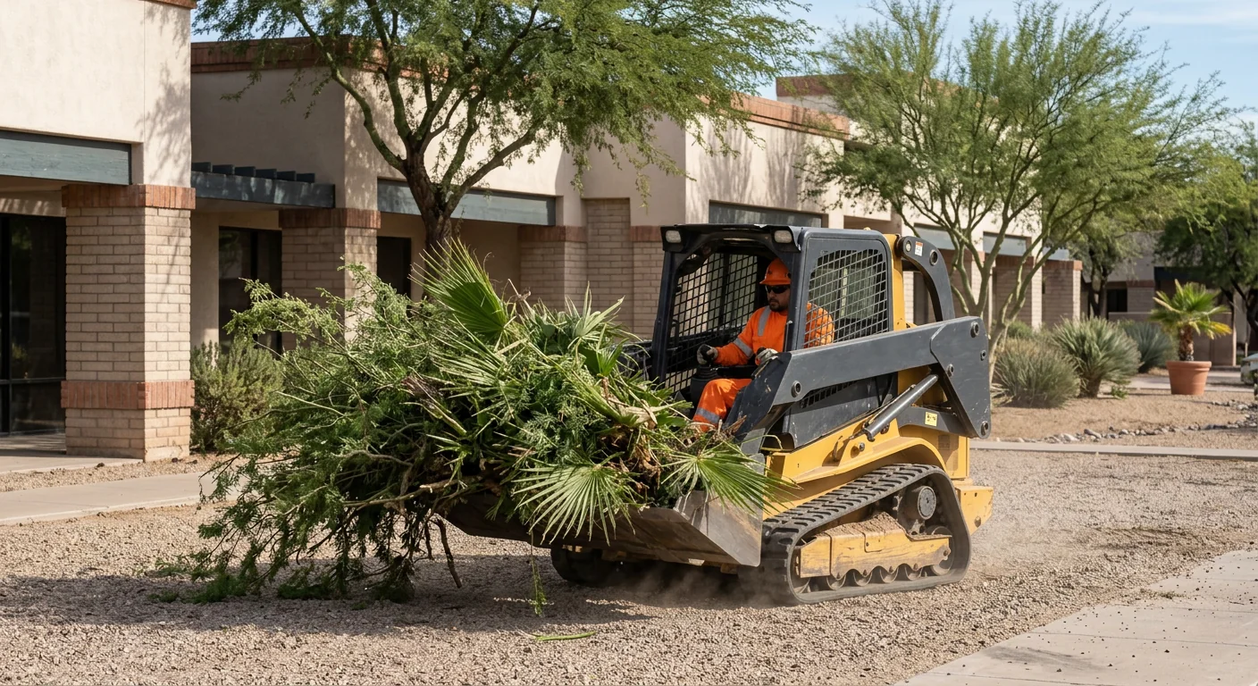 Brush loader hauling piled vegetation off a commercial property frontage
