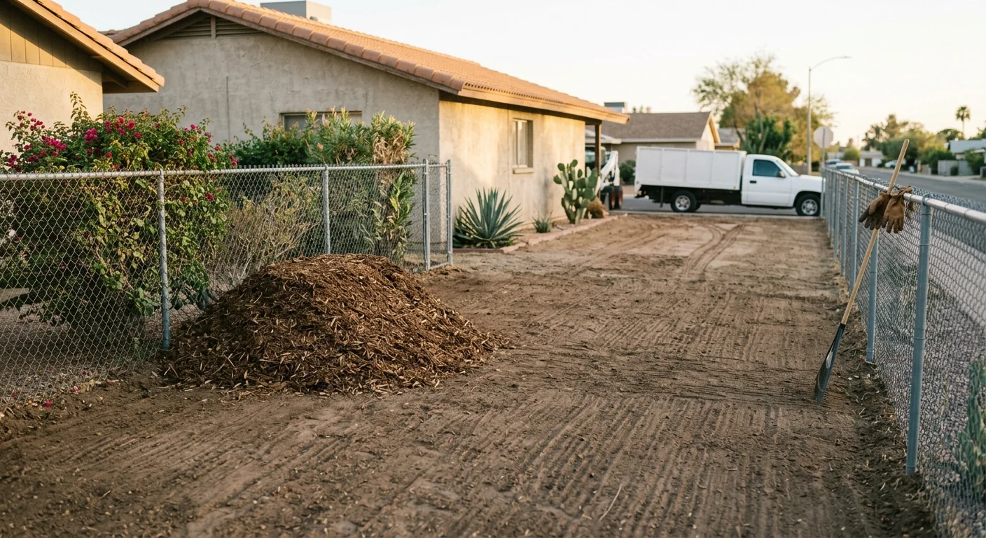 Finished cleared side yard with raked ground and stacked mulch ready for hauling