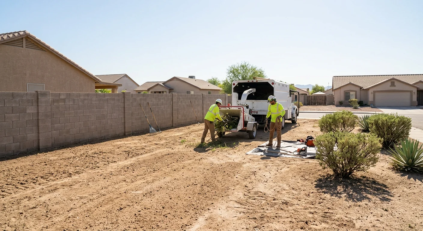 Wide view of rental property lot cleared of fire-fuel brush near block wall