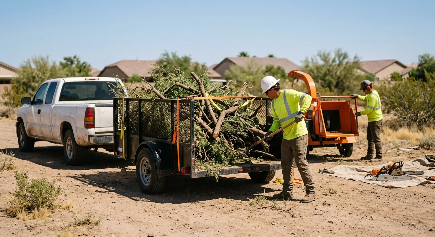 Debris trailer loaded with cut brush during dependable cleanup visit in Tolleson