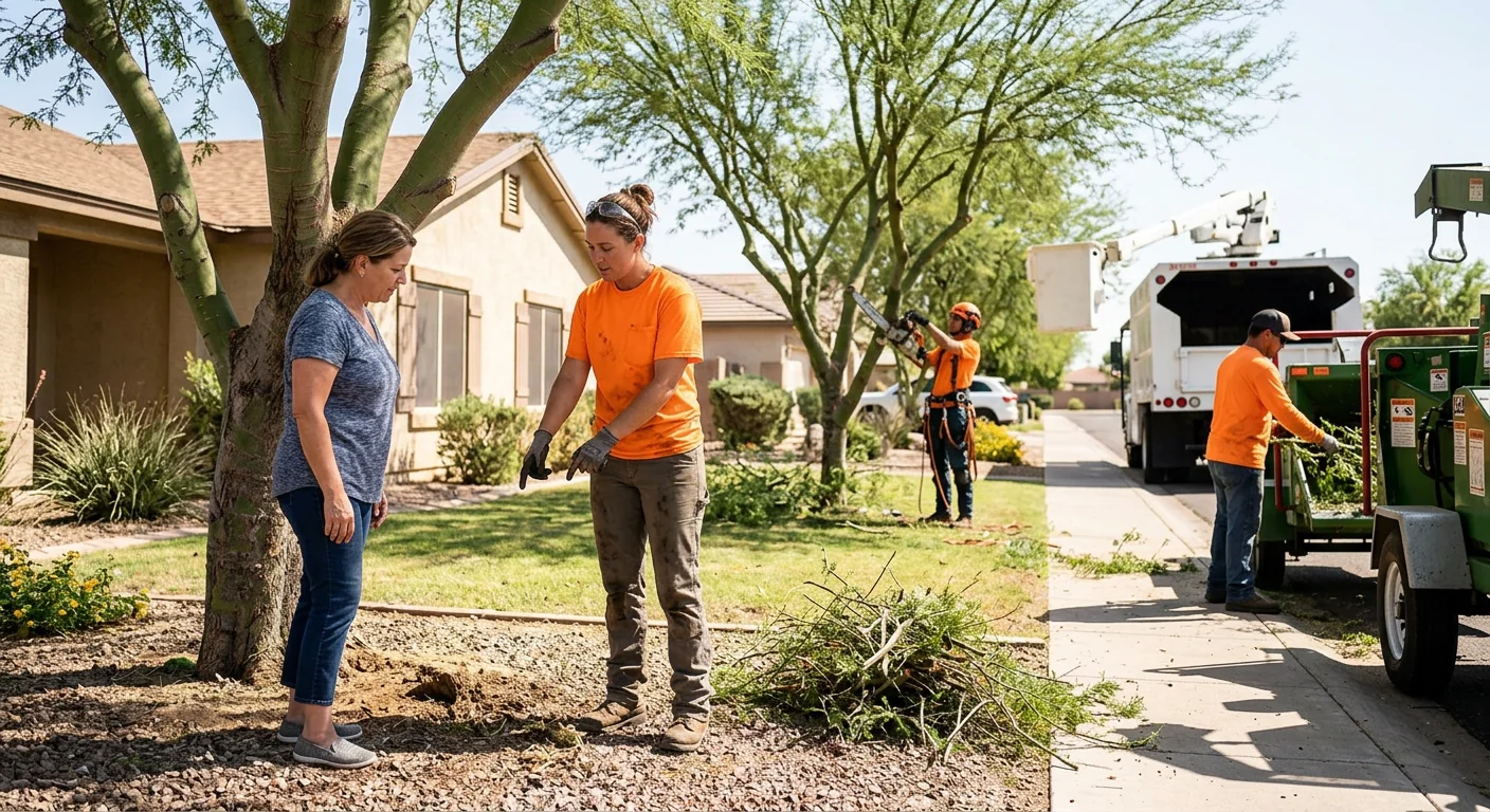 Tolleson Tree Service Masters crew reviewing a cleared brush lot with a homeowner