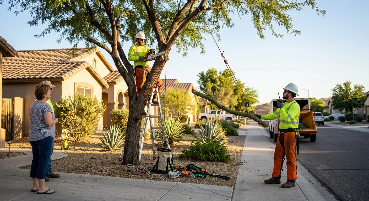 Crane lifting a large tree section over a Tolleson backyard during removal