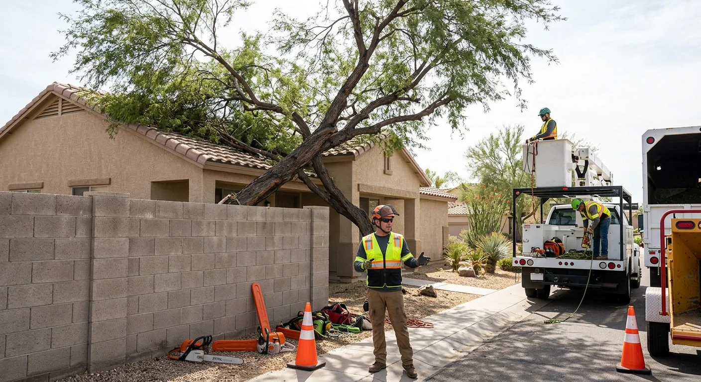 Leaning storm-damaged tree overhanging a home near a block wall in Tolleson
