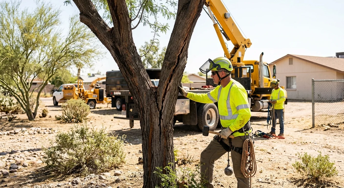 Arborist assessing cracked trunk union before crane removal on a desert lot