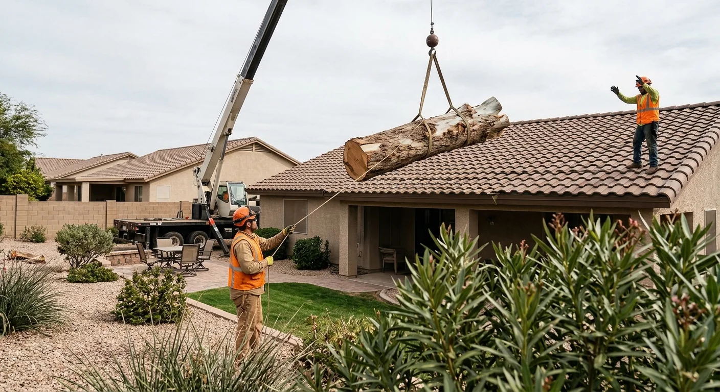 Crane lifting a large eucalyptus section over a Tolleson backyard rooftop