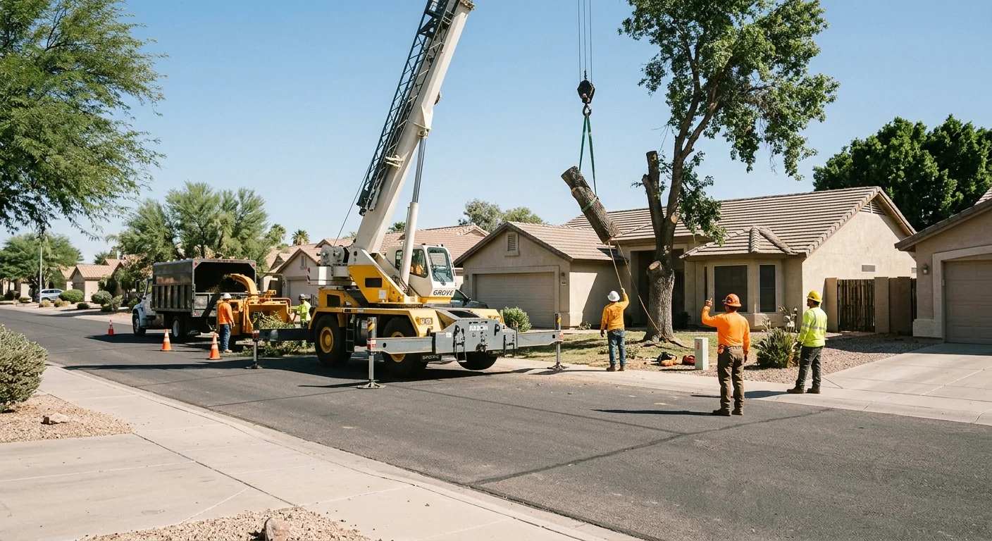 Wide shot of crane positioned on a residential street for tree removal