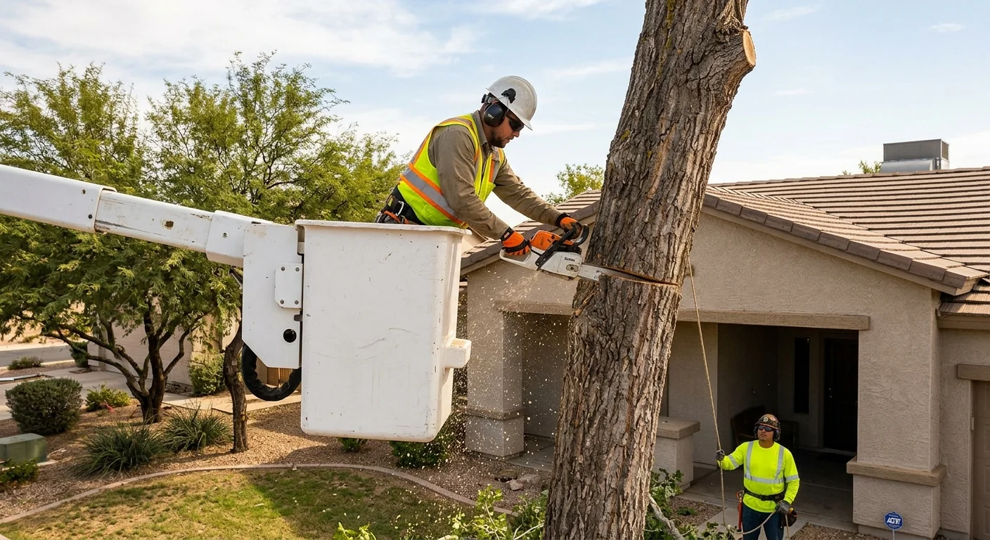 Arborist in aerial lift making controlled sectional cuts on a tall trunk