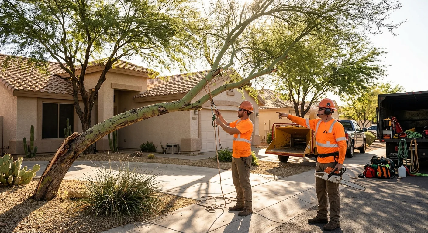 Before context of a leaning hazardous tree over a Tolleson home