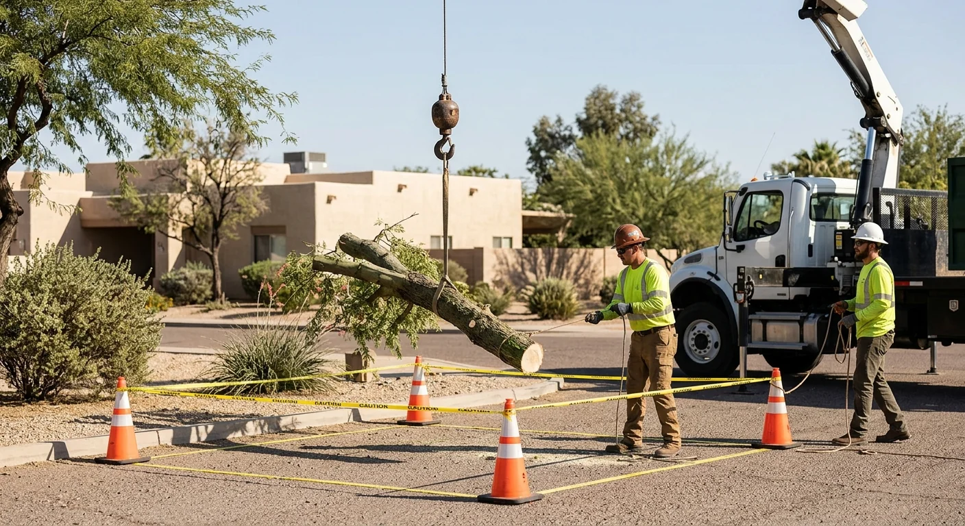Crane hook lowering a large limb into a marked ground drop zone