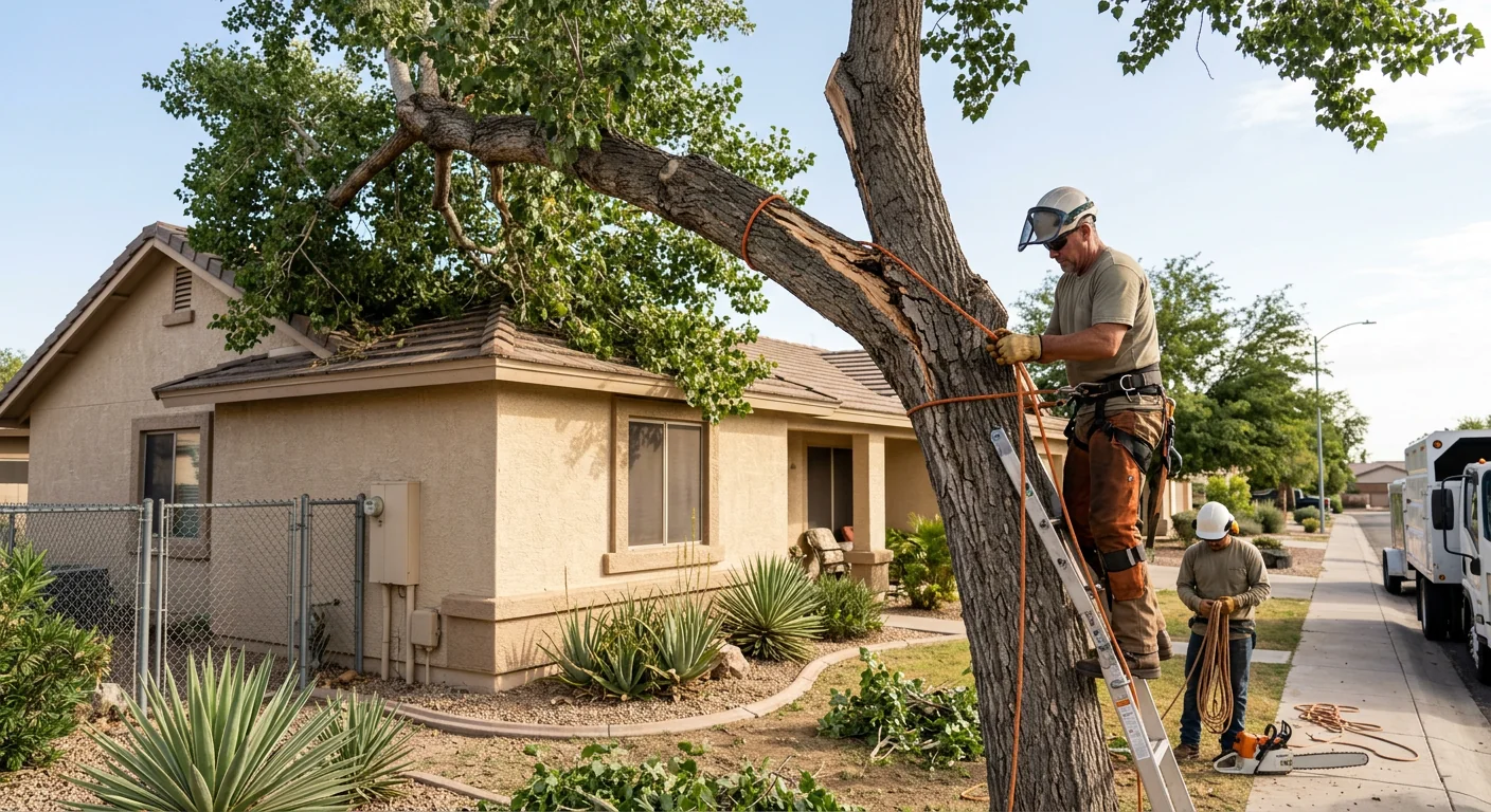 Cracked tree trunk leaning toward a house after storm winds