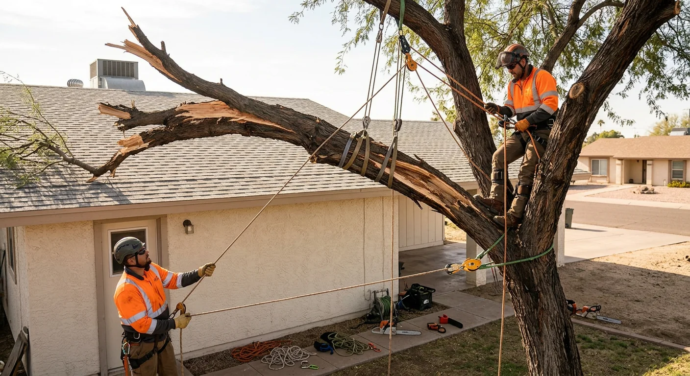 Crew rigging a storm-split limb above a Tolleson rooftop with lowering ropes