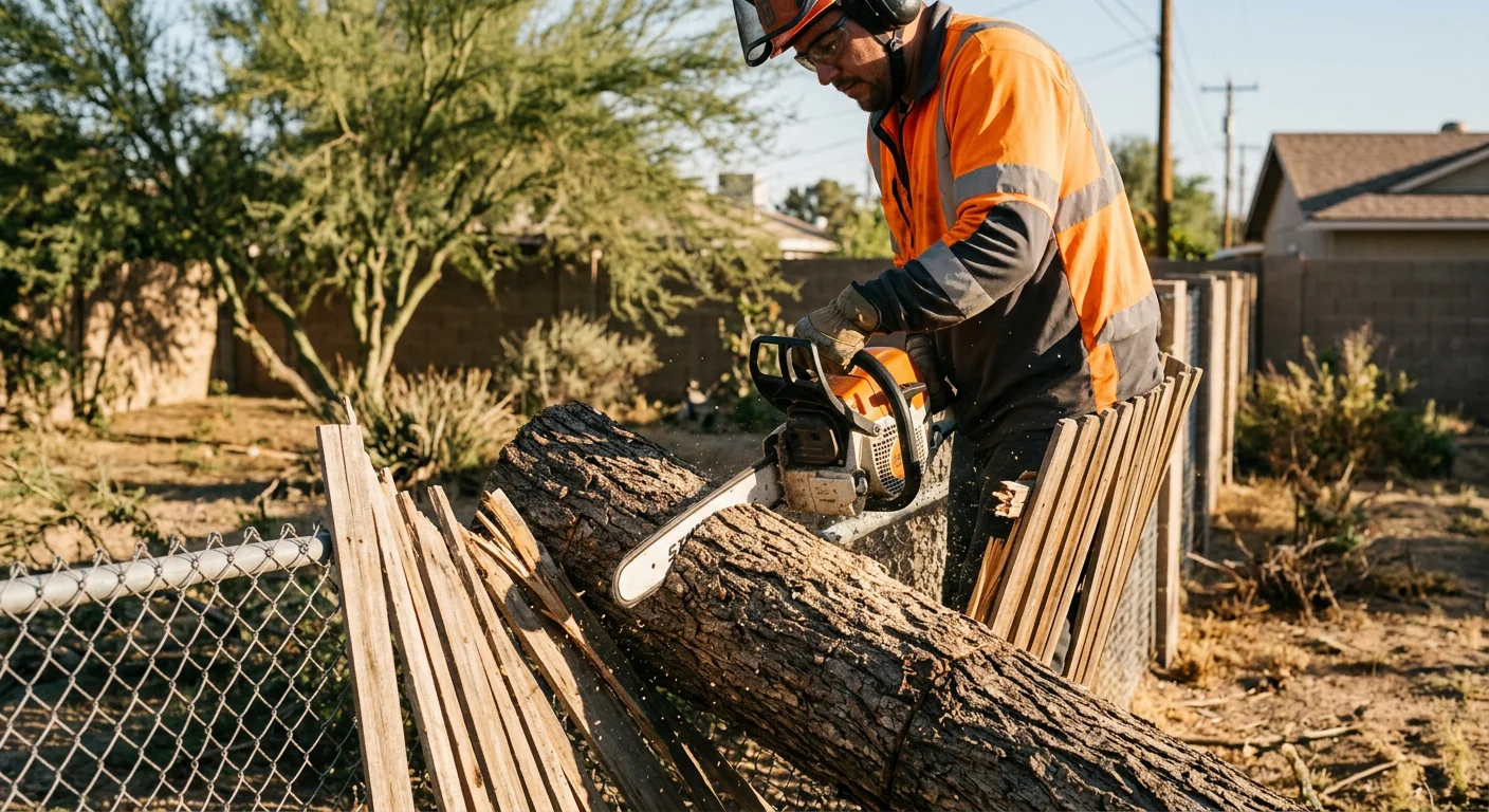 Close-up of chainsaw sectioning a fallen trunk resting on a backyard fence