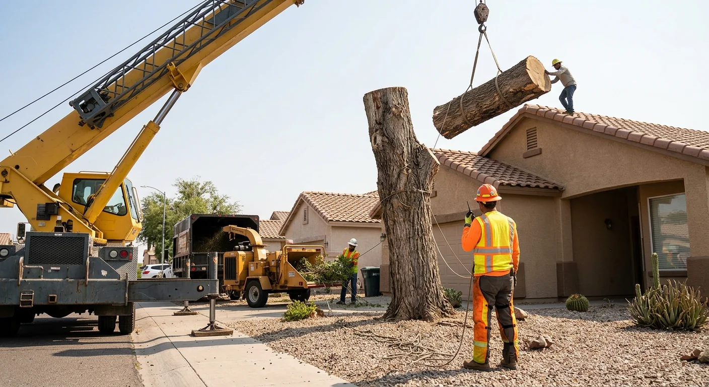 Crane lifting a heavy tree section away from a Tolleson home