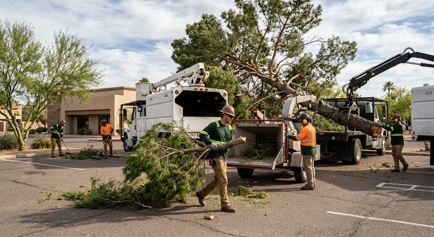 Wide shot of emergency crew clearing debris from a commercial parking lot