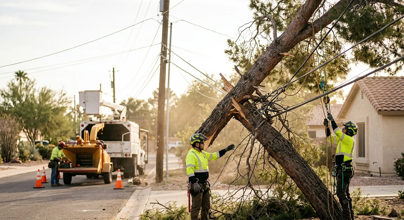 Damaged tree leaning against overhead utility lines before careful removal