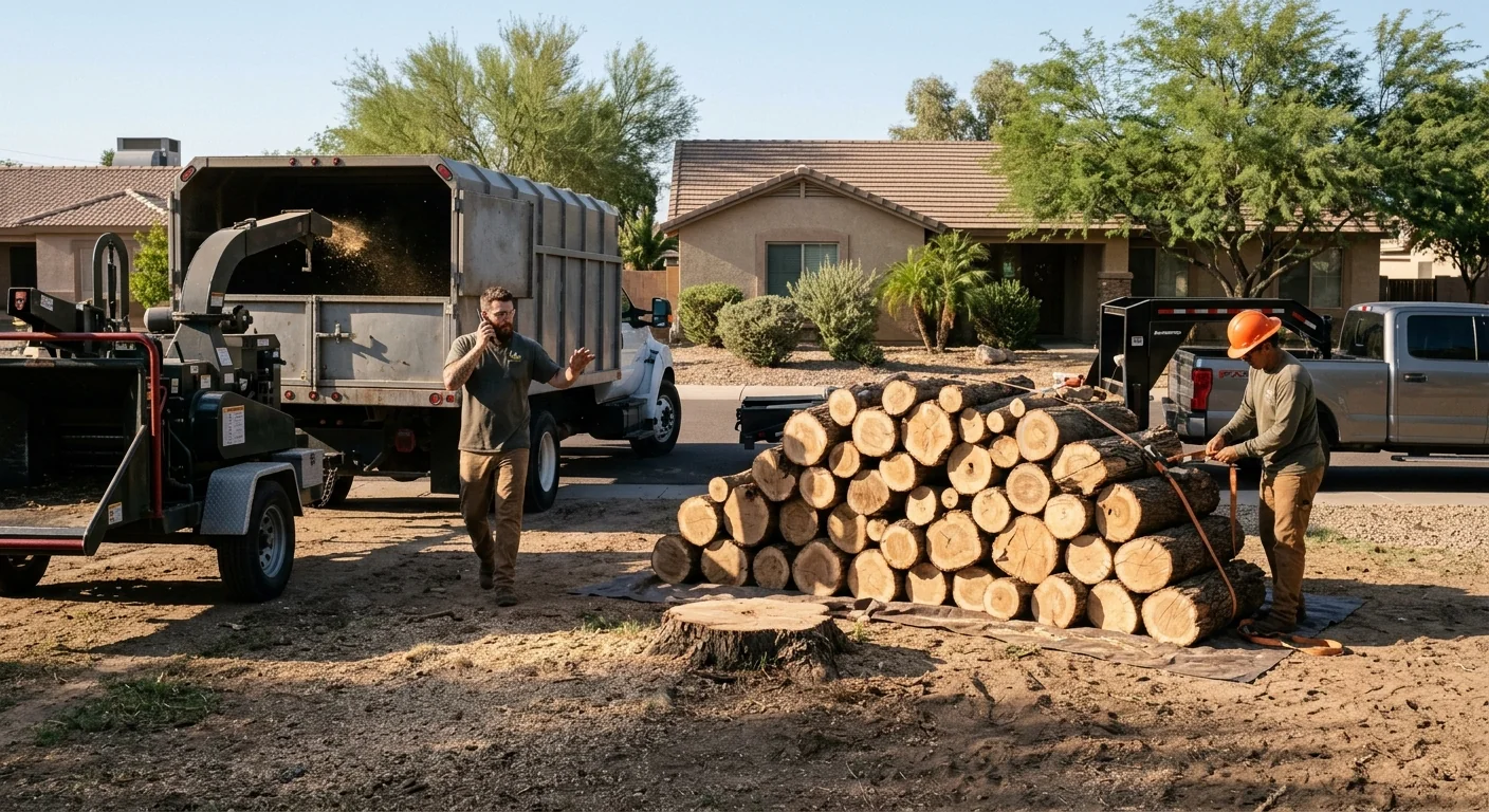 Finished result showing cleared yard and stacked cut logs ready for haul-off
