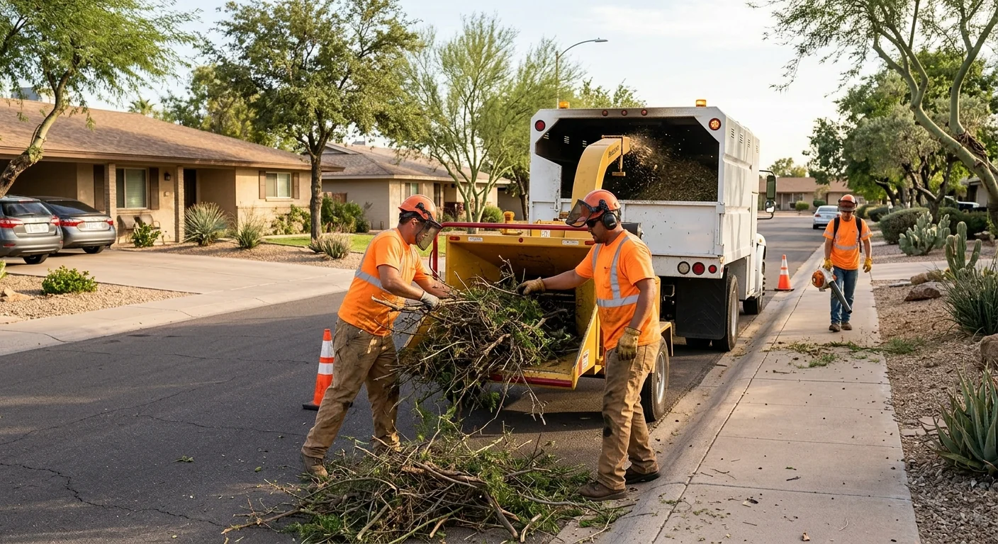 Ground crew chipping storm brush into a truck along a suburban street