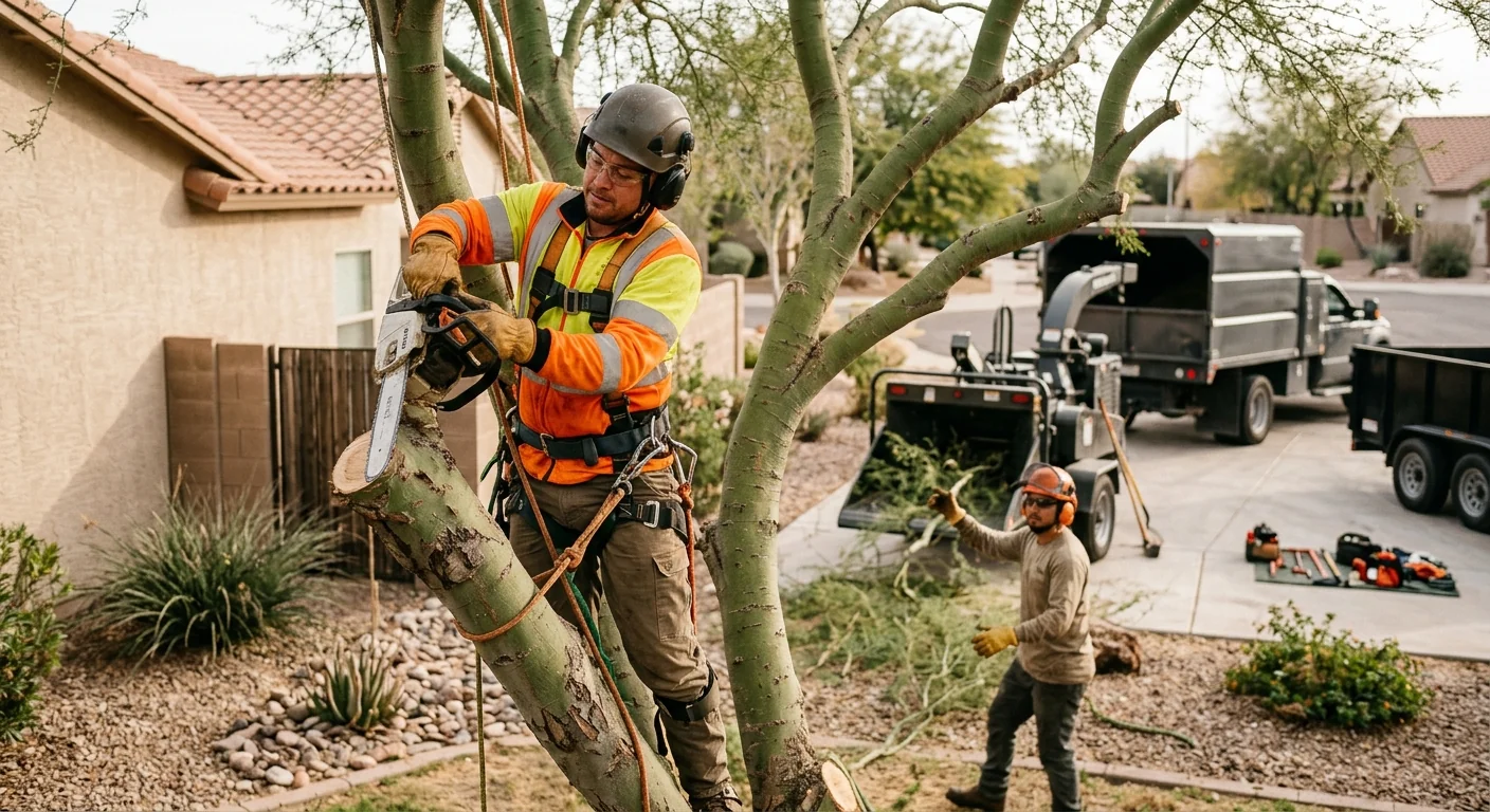 Crew using rigging to safely remove a hazardous storm-damaged tree near a Tolleson home