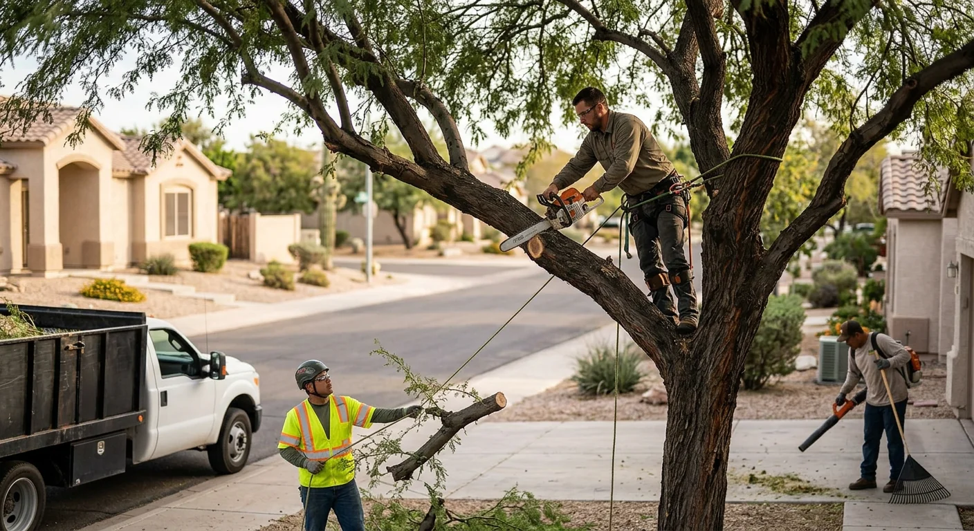 Arborist evaluating a leaning hazardous tree near a home in Tolleson