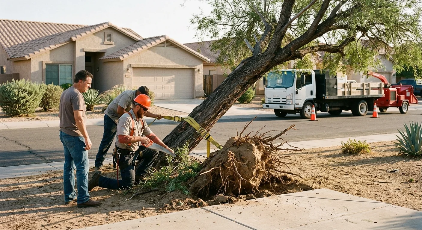 Leaning storm-damaged tree with exposed roots near a Tolleson driveway