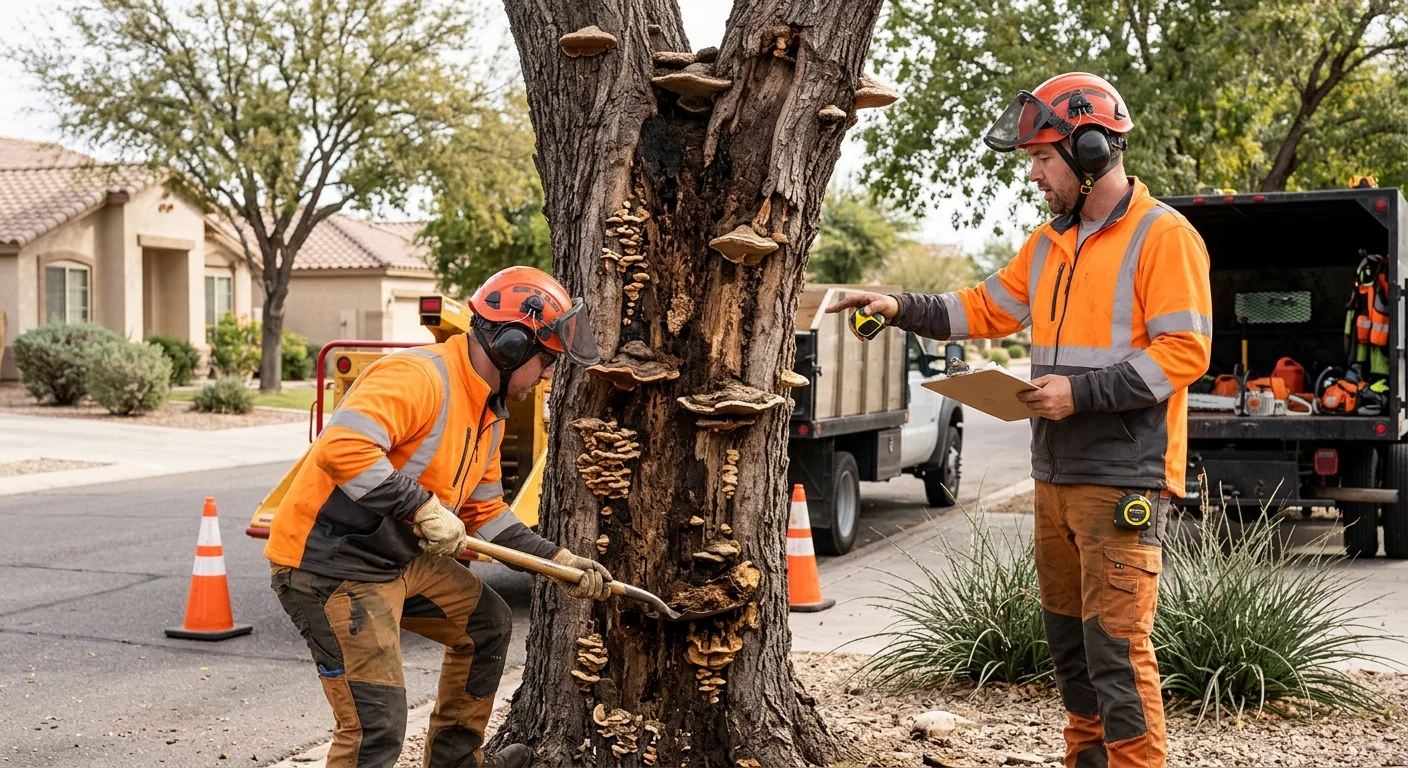 Decayed trunk with fungal growth signaling a hazardous tree in Tolleson