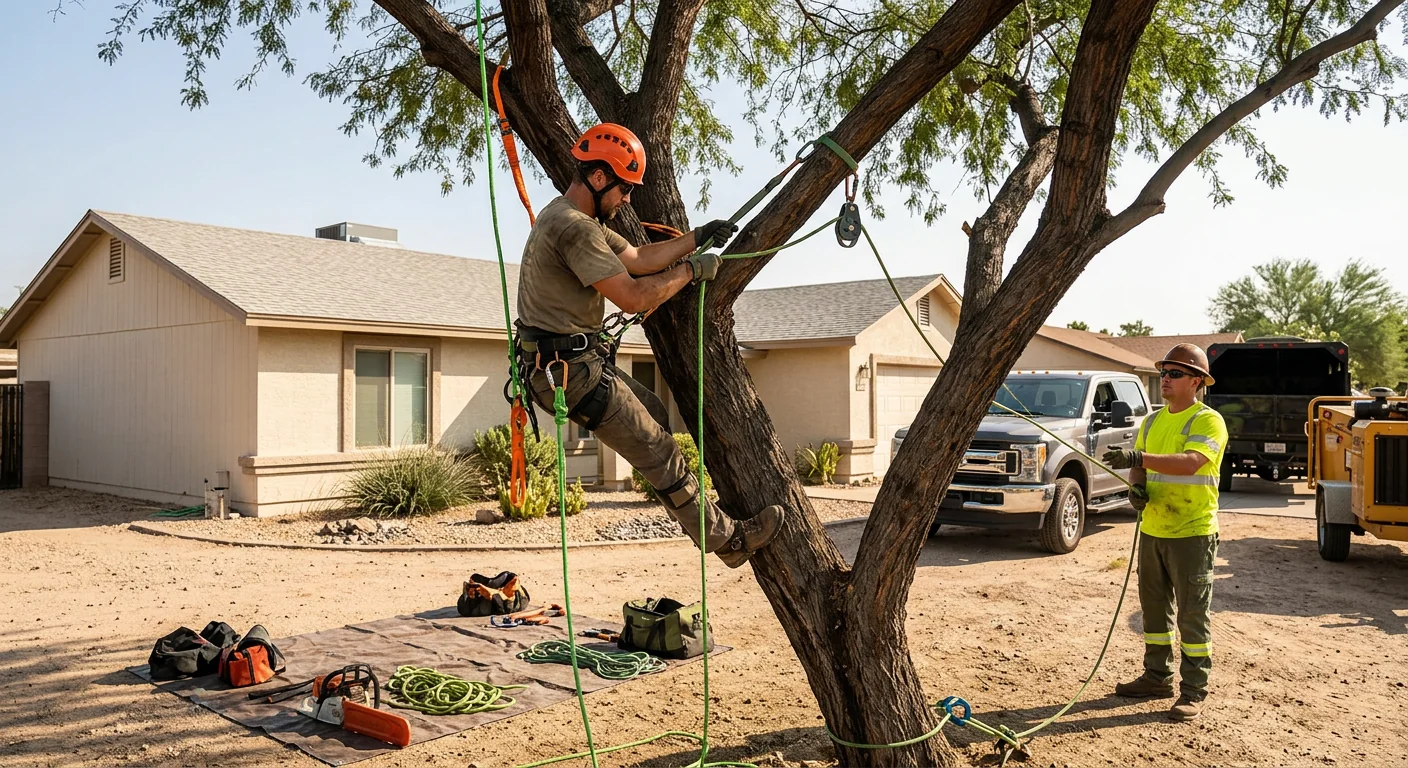 Arborist rigging a leaning mesquite for controlled removal near a Tolleson home