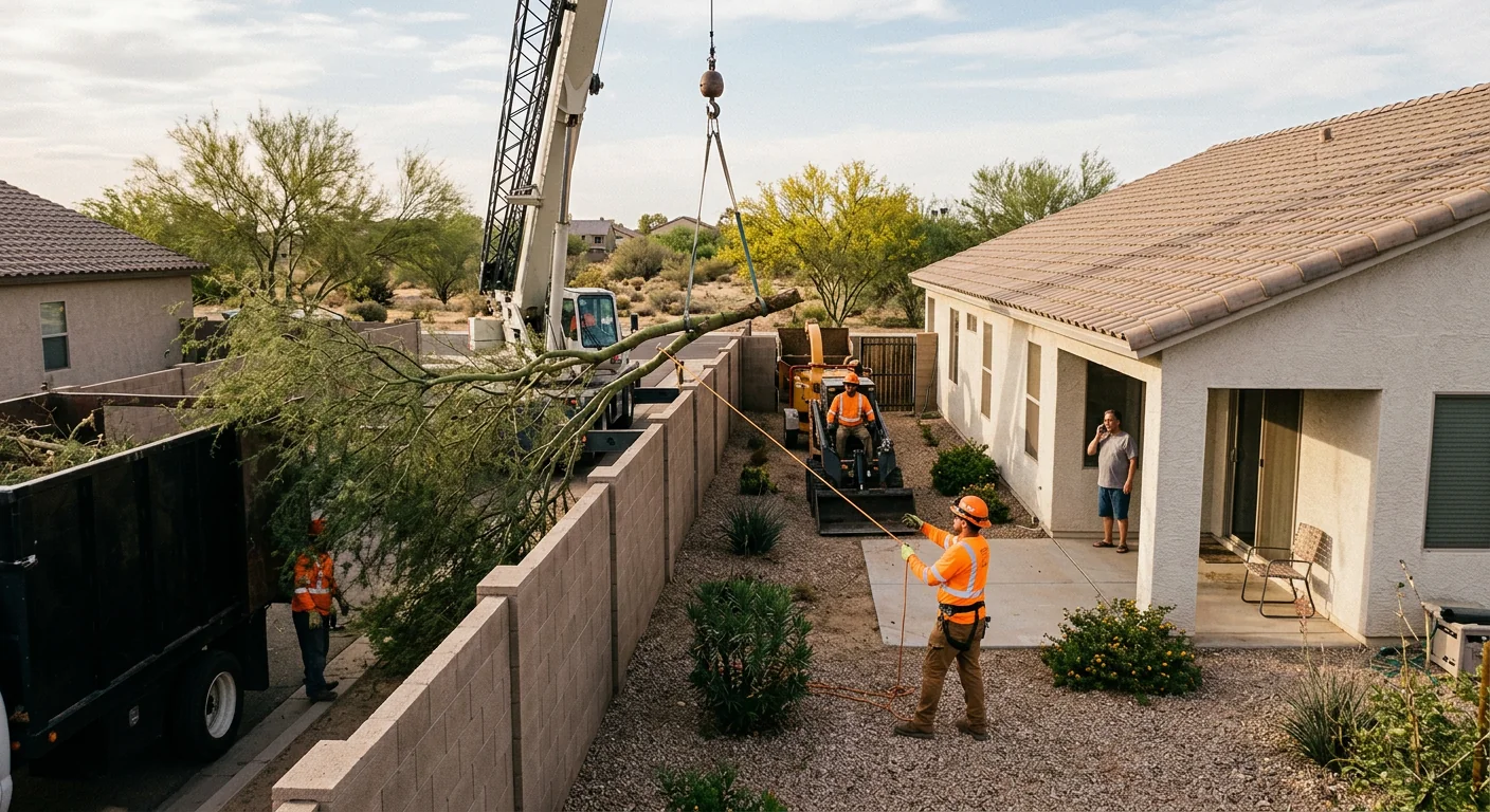 Crane-assisted lift removing a hazardous tree over a tight backyard clearance