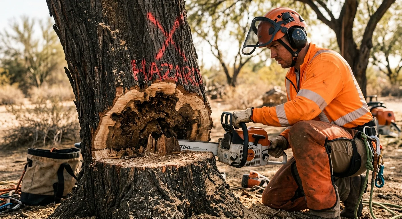 Close-up of chainsaw cut on a decayed trunk marked for hazardous removal