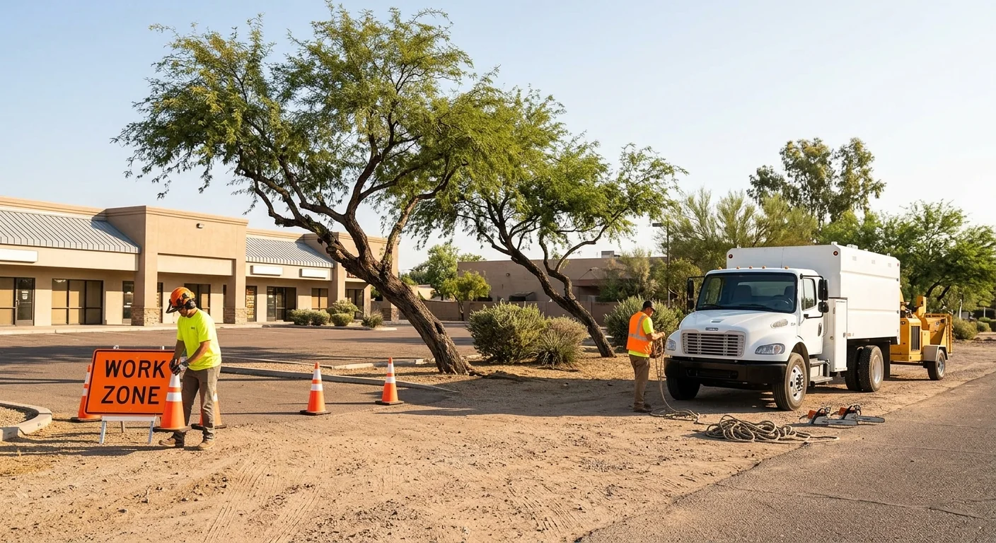 Wide view of a commercial lot before hazardous tree removal work begins