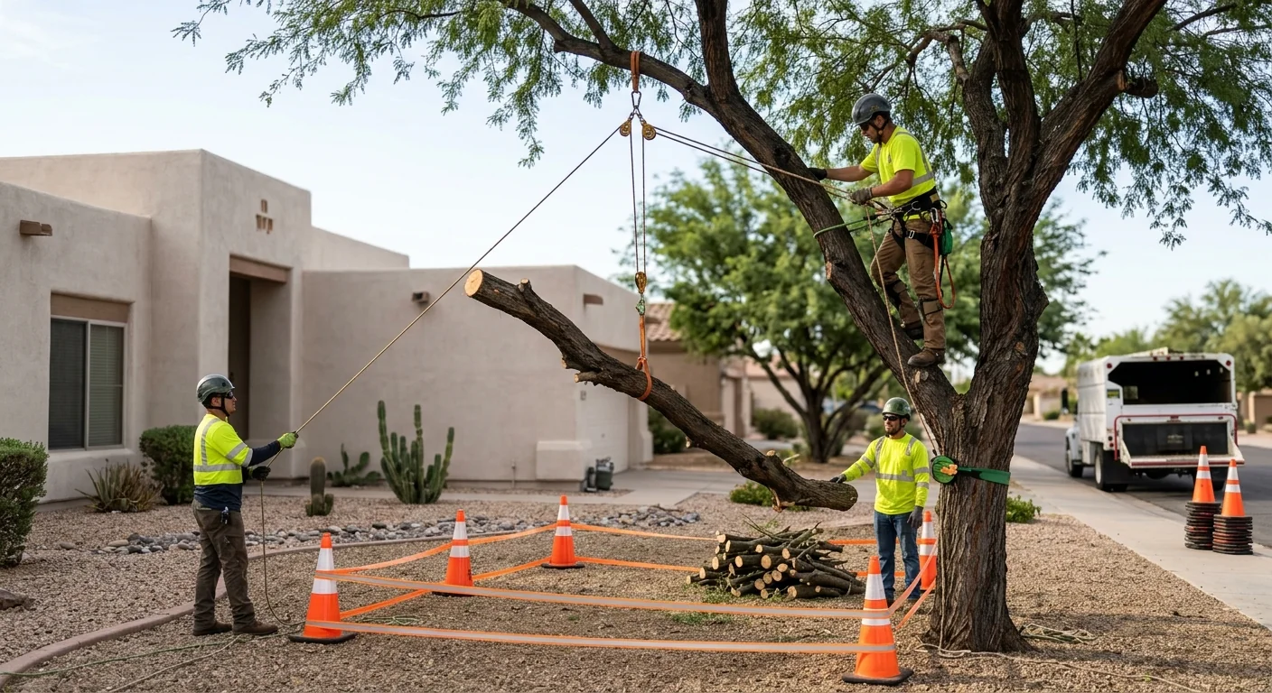 Crew lowering a large limb with rigging ropes into a marked drop zone