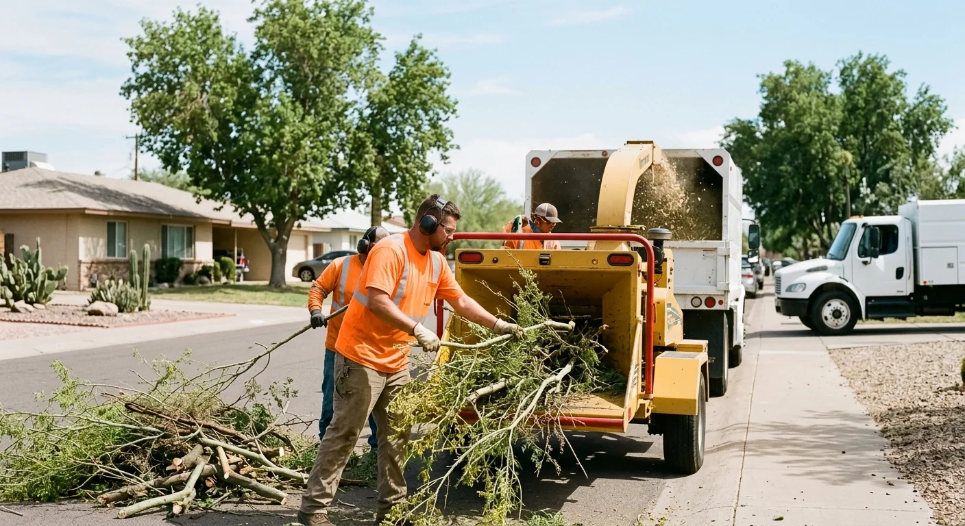 Ground crew feeding branches into a chipper during Tolleson cleanup