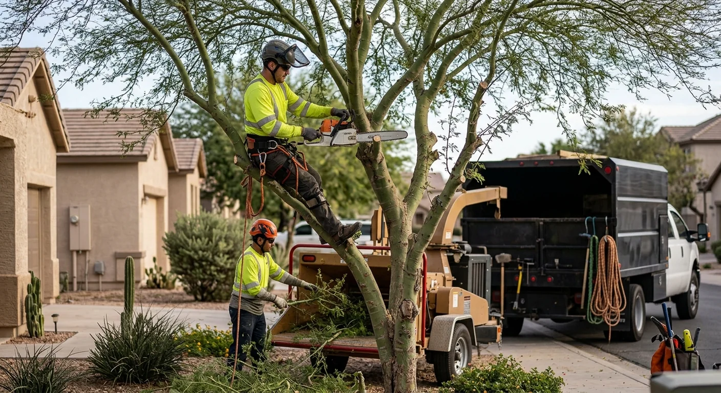 Crew safely removing a hazardous tree beside a Tolleson home using rigging