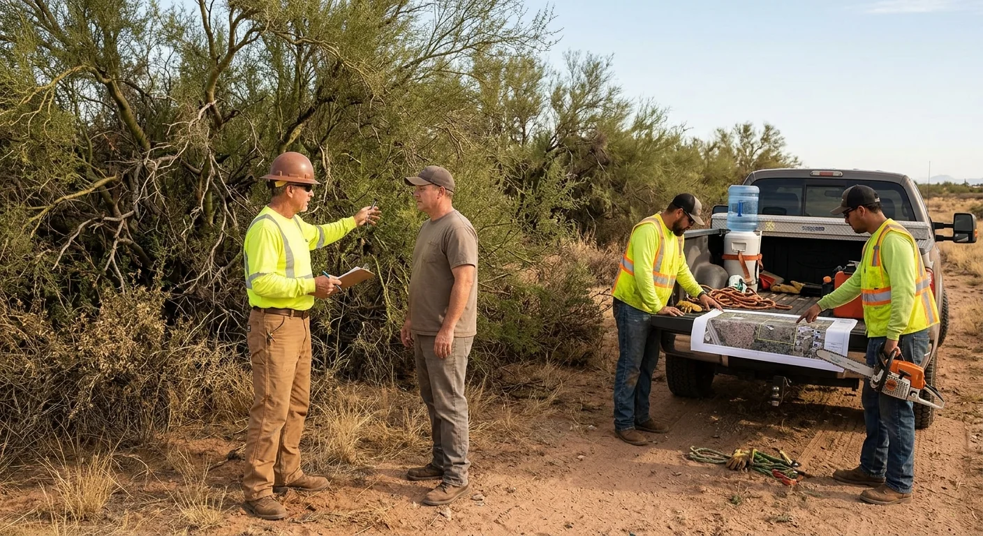 Overgrown desert parcel with dense brush and mesquite before clearing