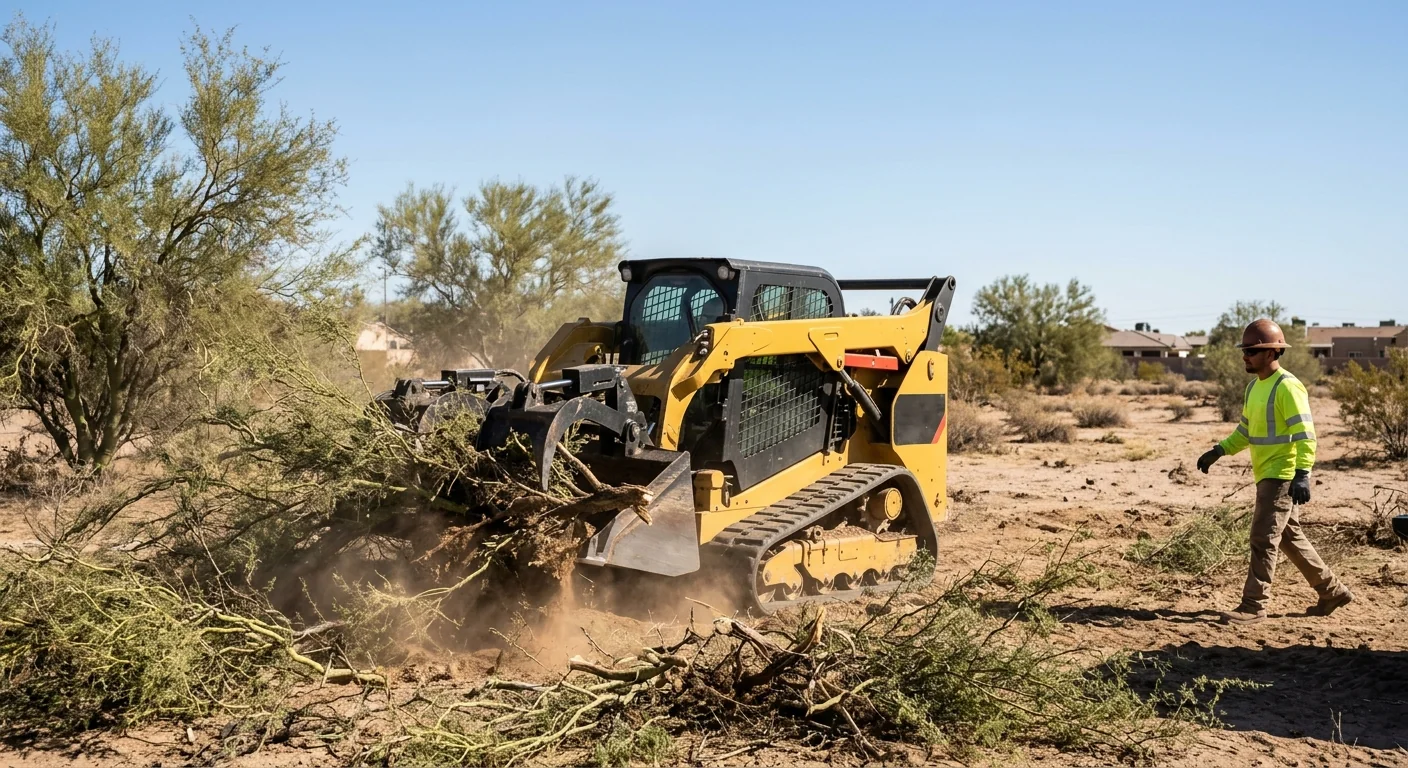 Skid steer clearing dense mesquite brush on an open desert parcel