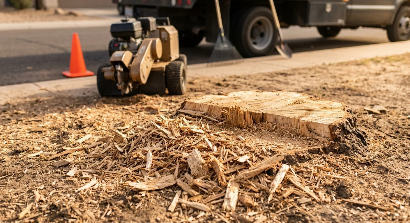 Close-up of stump grinding wood chips left after lot clearing work