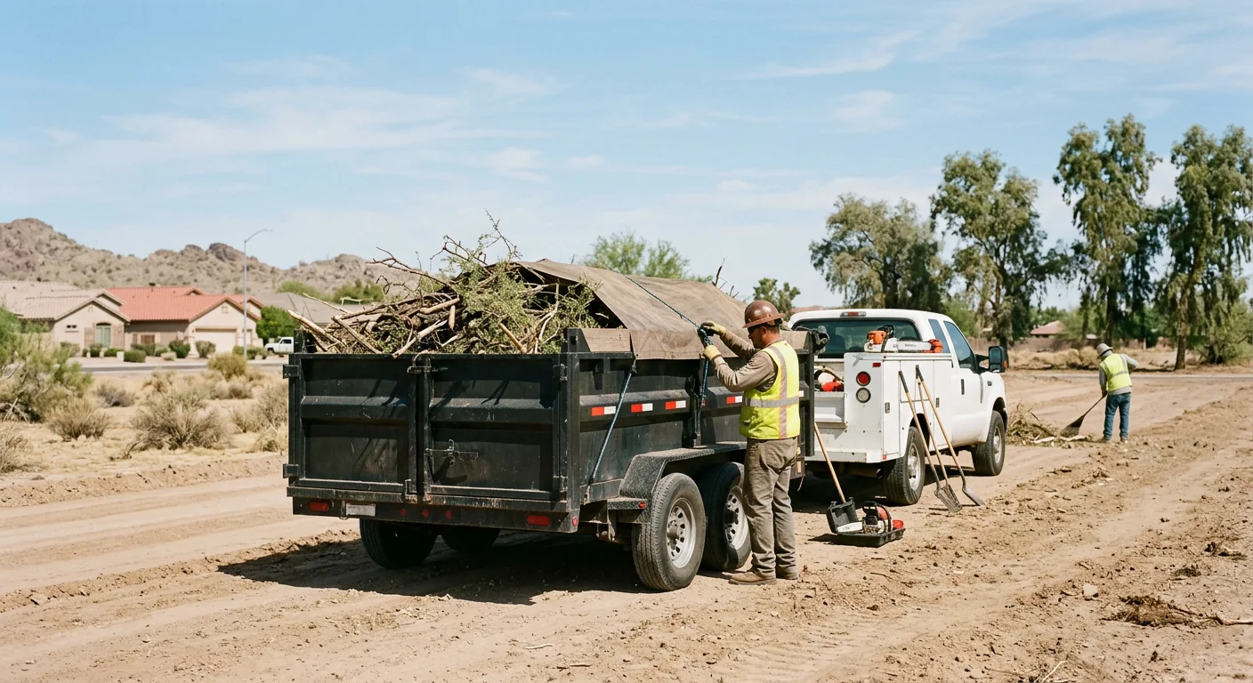 Truck and trailer loaded with cleared vegetation debris at a Tolleson site