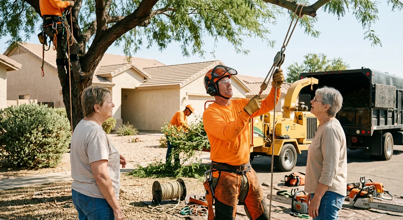 Tree service crew clearing brush and trees from a Tolleson property lot