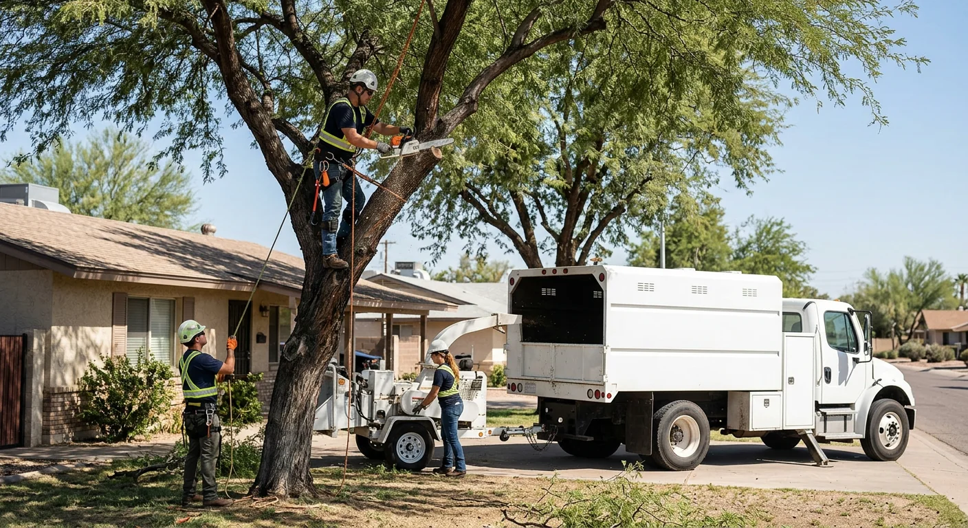 Crew clearing storm-downed tree limbs from a Tolleson residential yard