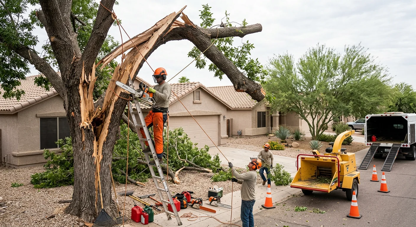 Split tree trunk and hanging limbs after a monsoon storm in Tolleson