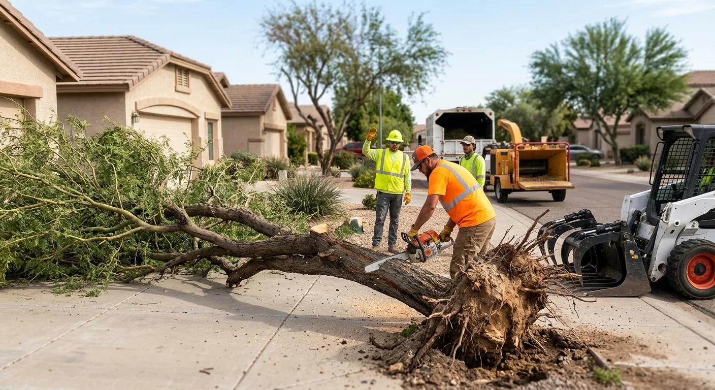 Uprooted tree with lifted root plate blocking a residential driveway