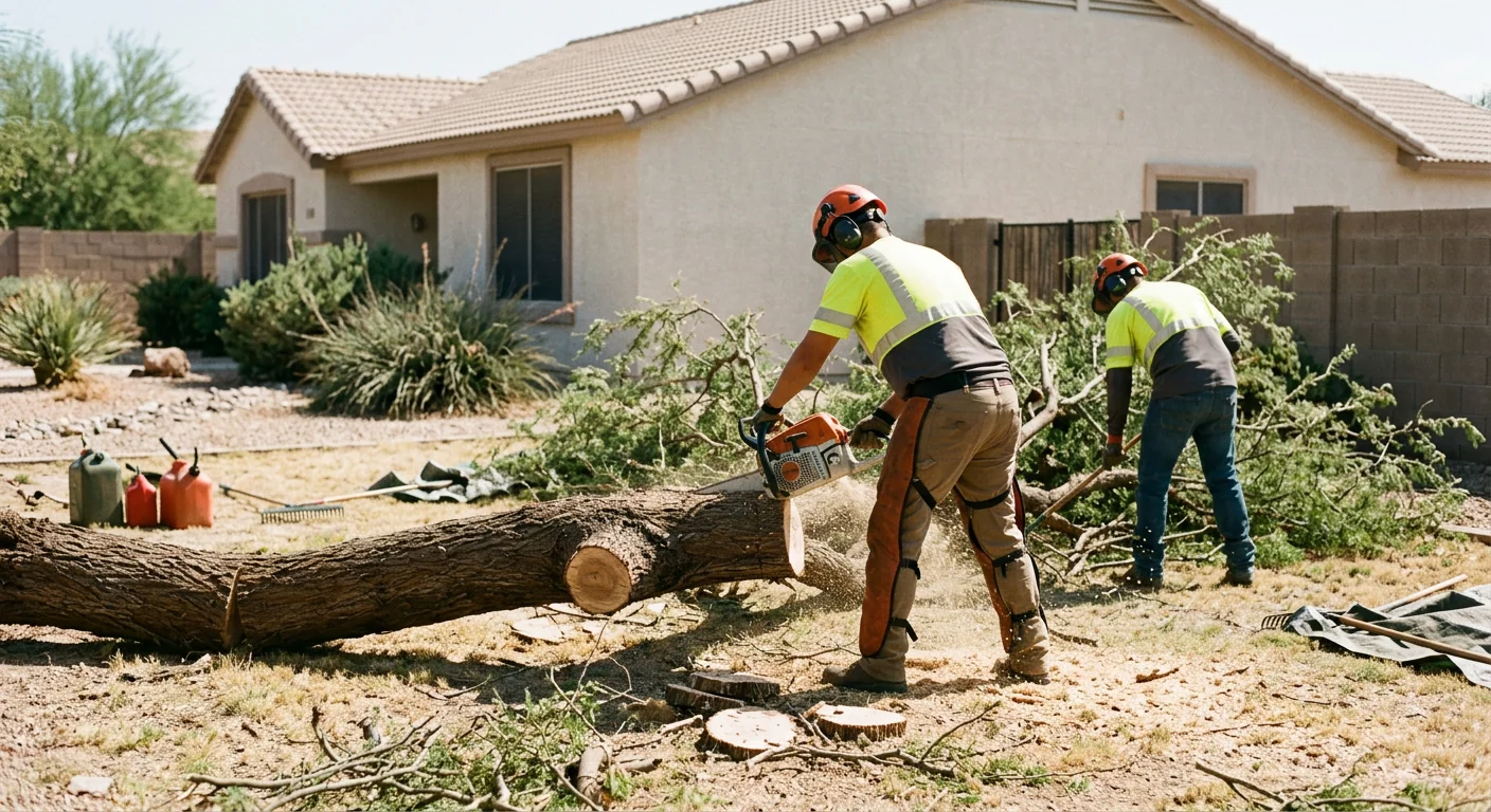 Fallen mesquite trunk being sectioned by a chainsaw crew after a storm