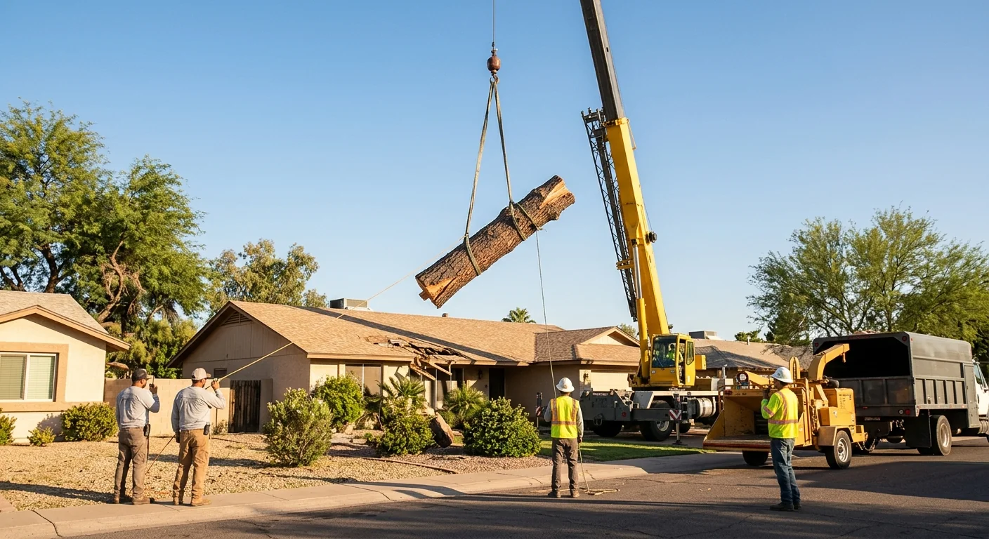 Crane lifting a broken tree section away from a damaged rooftop in Tolleson