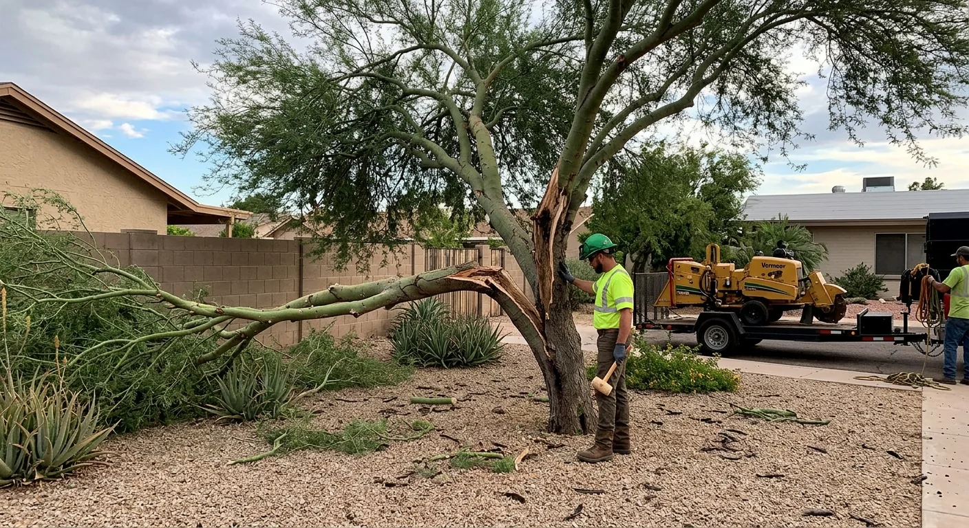 Storm-damaged palo verde with split canopy before cleanup work begins