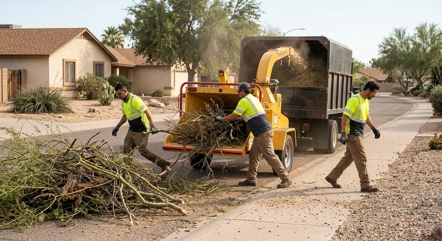 Wood chipper processing storm brush at a Tolleson residential curbside